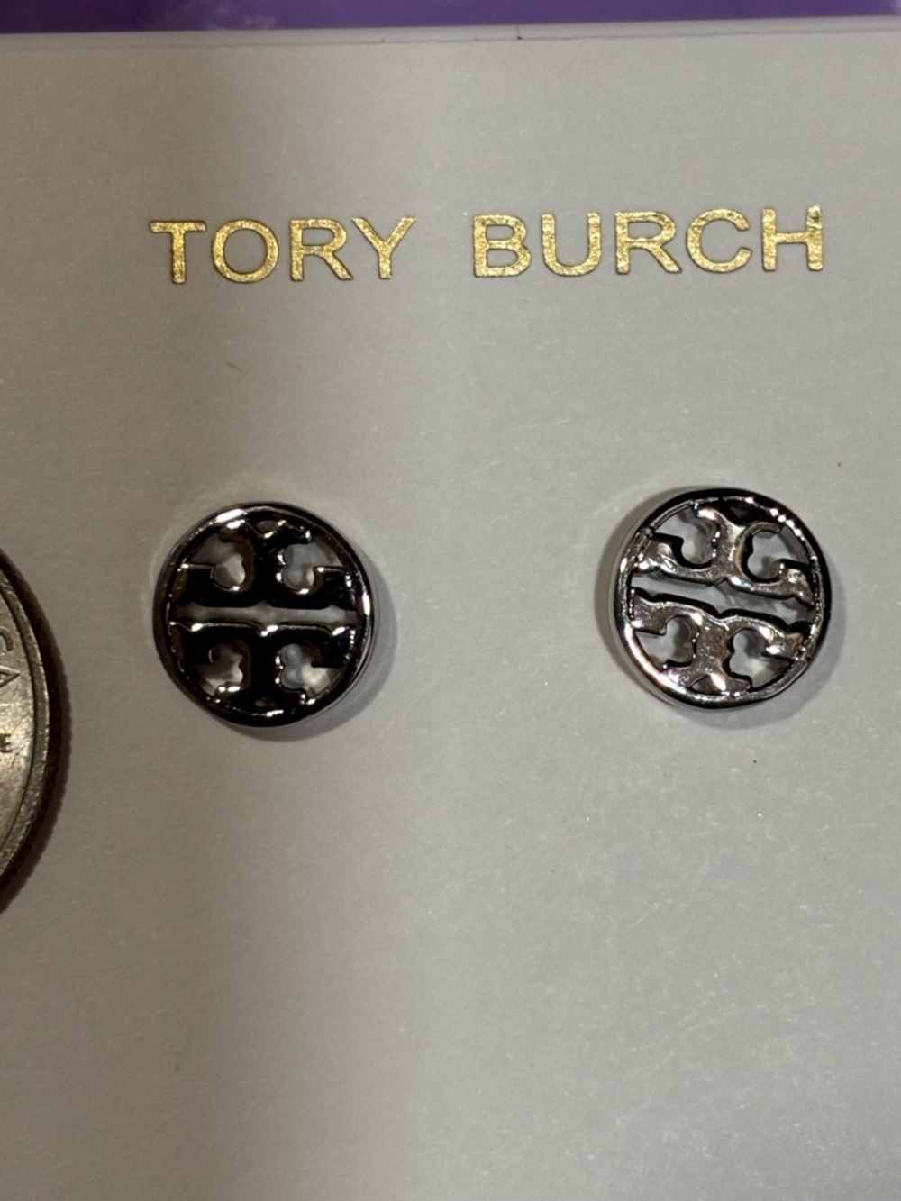 Tory Burch Gunmetal Round Double-T Logo Stud Earrings, brand new